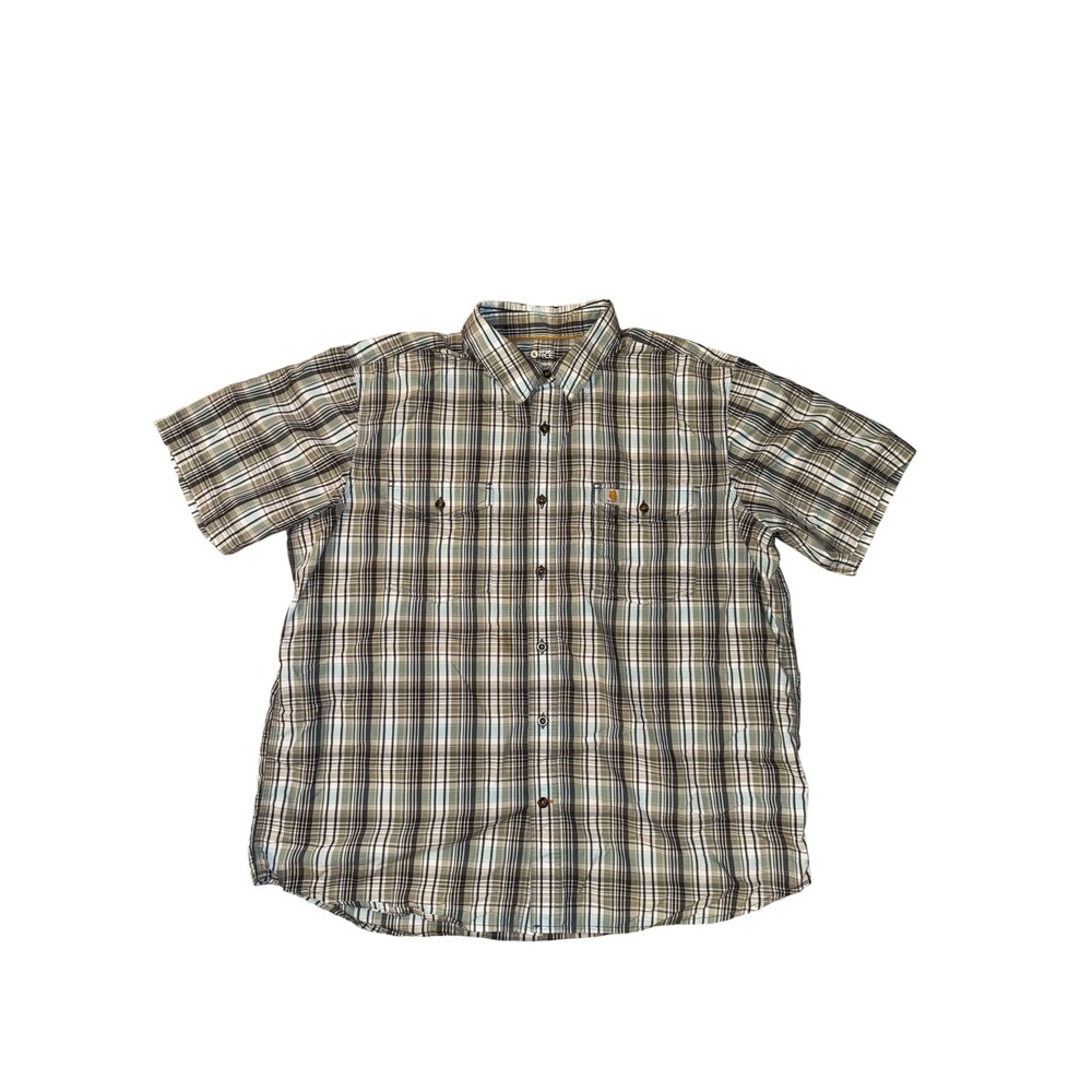 Carhartt Force Shirt Mens 2XL Brown Plaid Relaxed Fit Short Sleeve Button Up